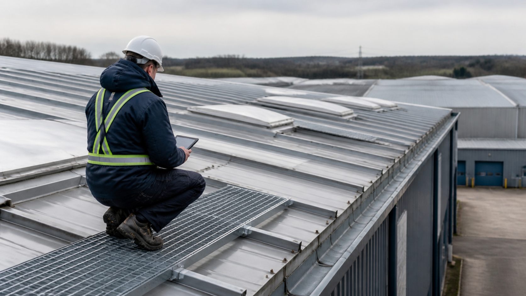 Contractor inspecting an industrial metal roof and rooflights