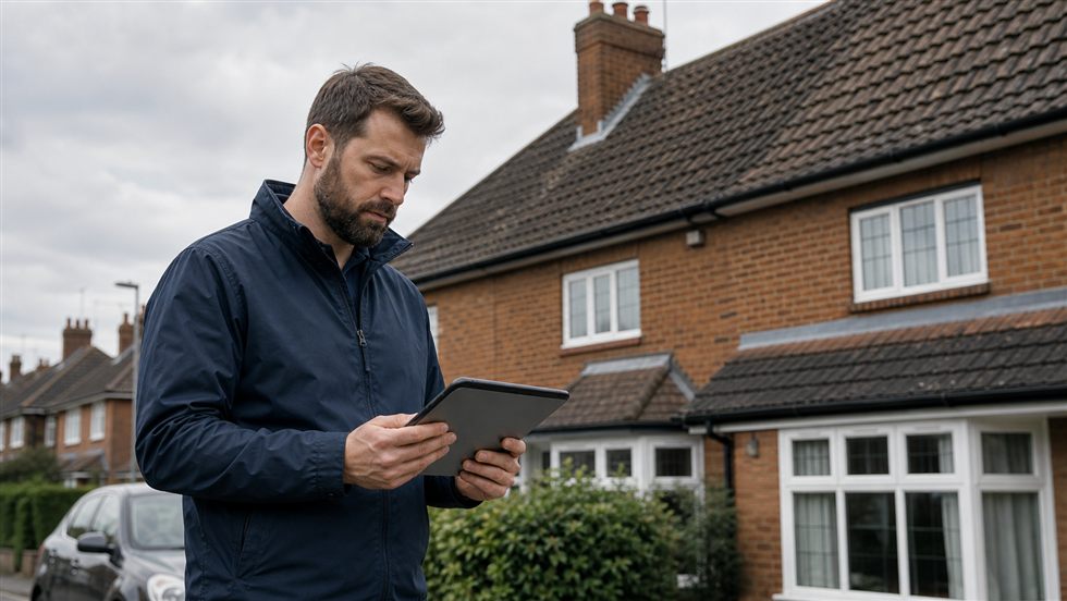 Roof report notes being reviewed before a UK house purchase